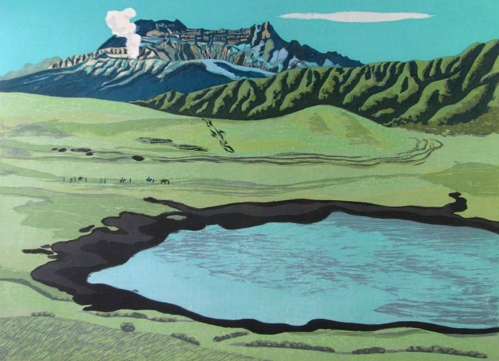 真作 北岡文雄作 「阿蘇高原」 木版画 10号 26/120 本人直筆サイン有り