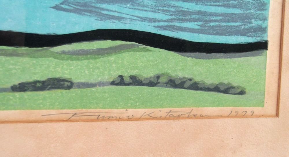 真作 北岡文雄作 「阿蘇高原」 木版画 10号 26/120 本人直筆サイン有り