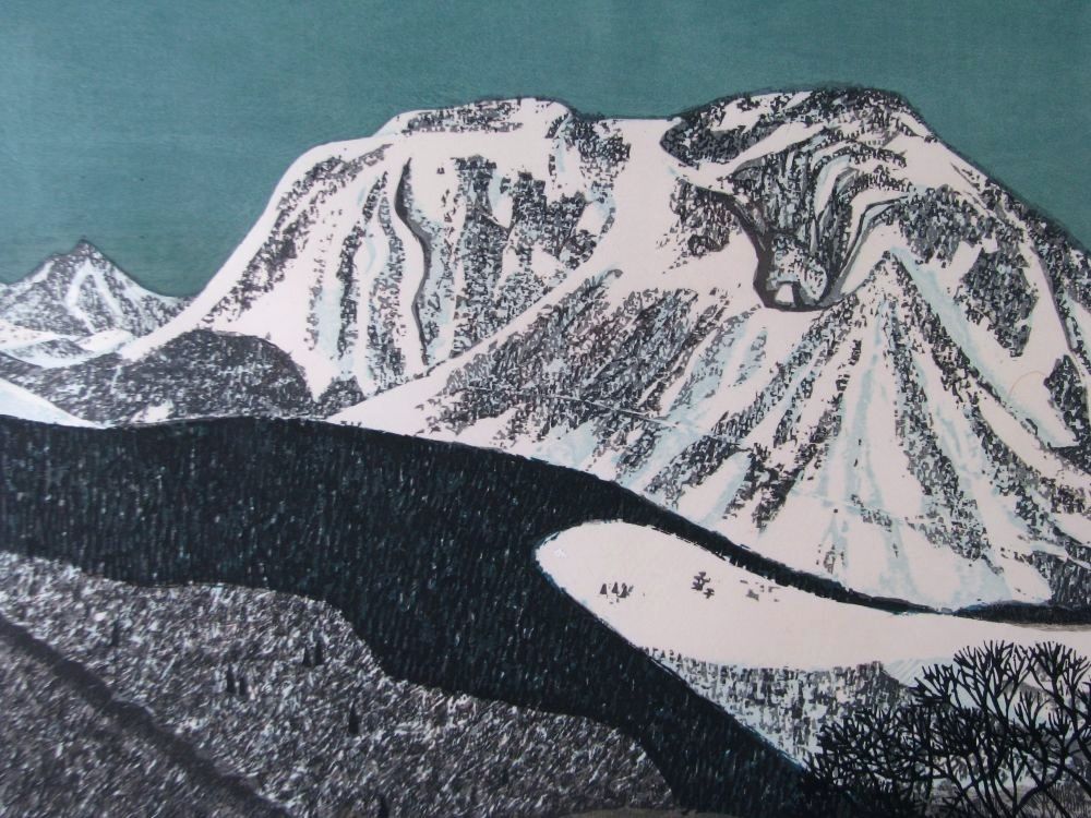 真作 北岡文雄作 「雪の山」 木版画 10号 AP 本人直筆サイン有り