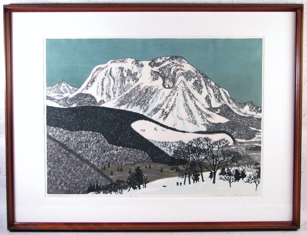 真作 北岡文雄作 「雪の山」 木版画 10号 AP 本人直筆サイン有り