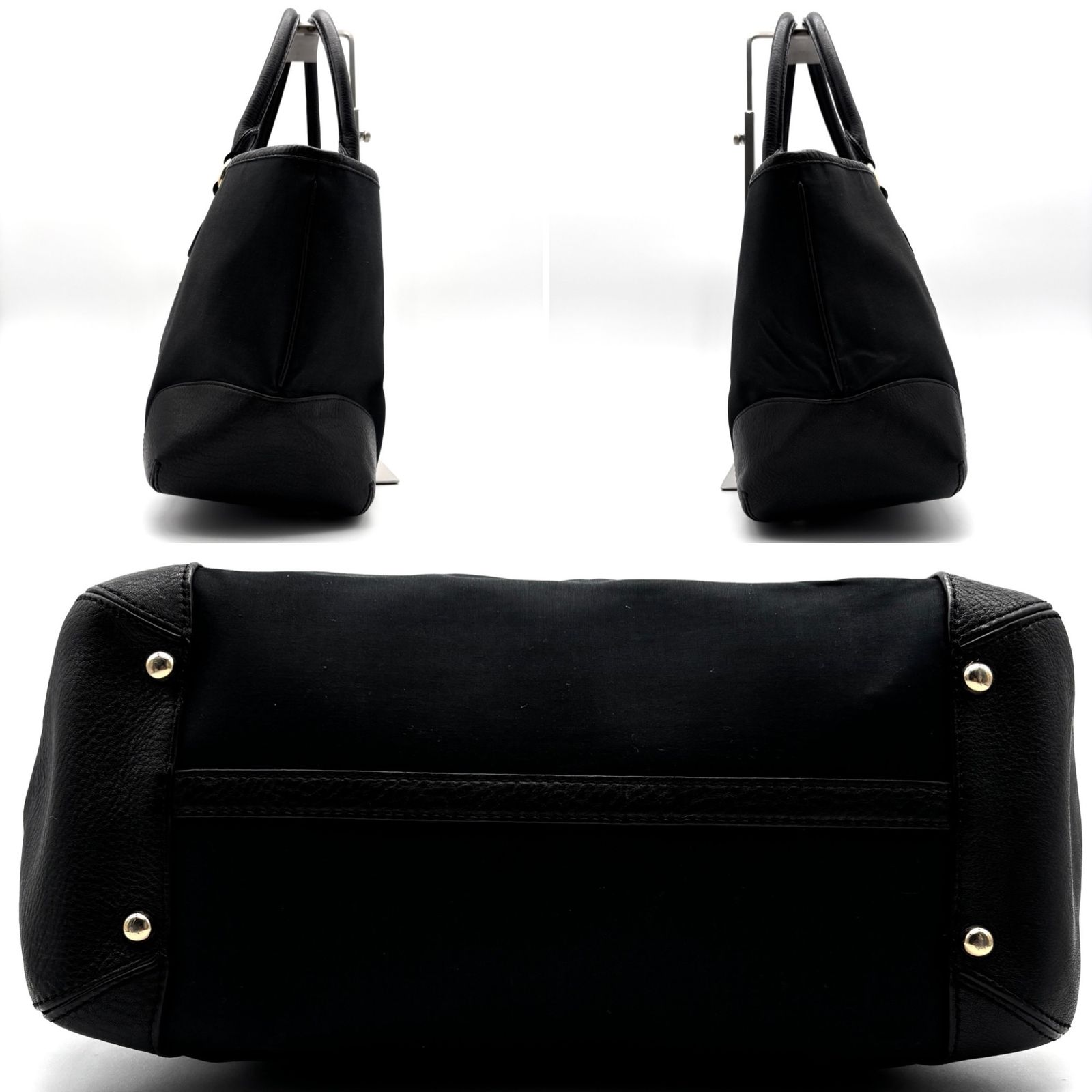 BURBERRY レザーハンドル ナイロントートバッグ ホースロゴ刺繍 ブラック BURBERRY レザーハンドル ナイロントートバッグ ホースロゴ刺繍