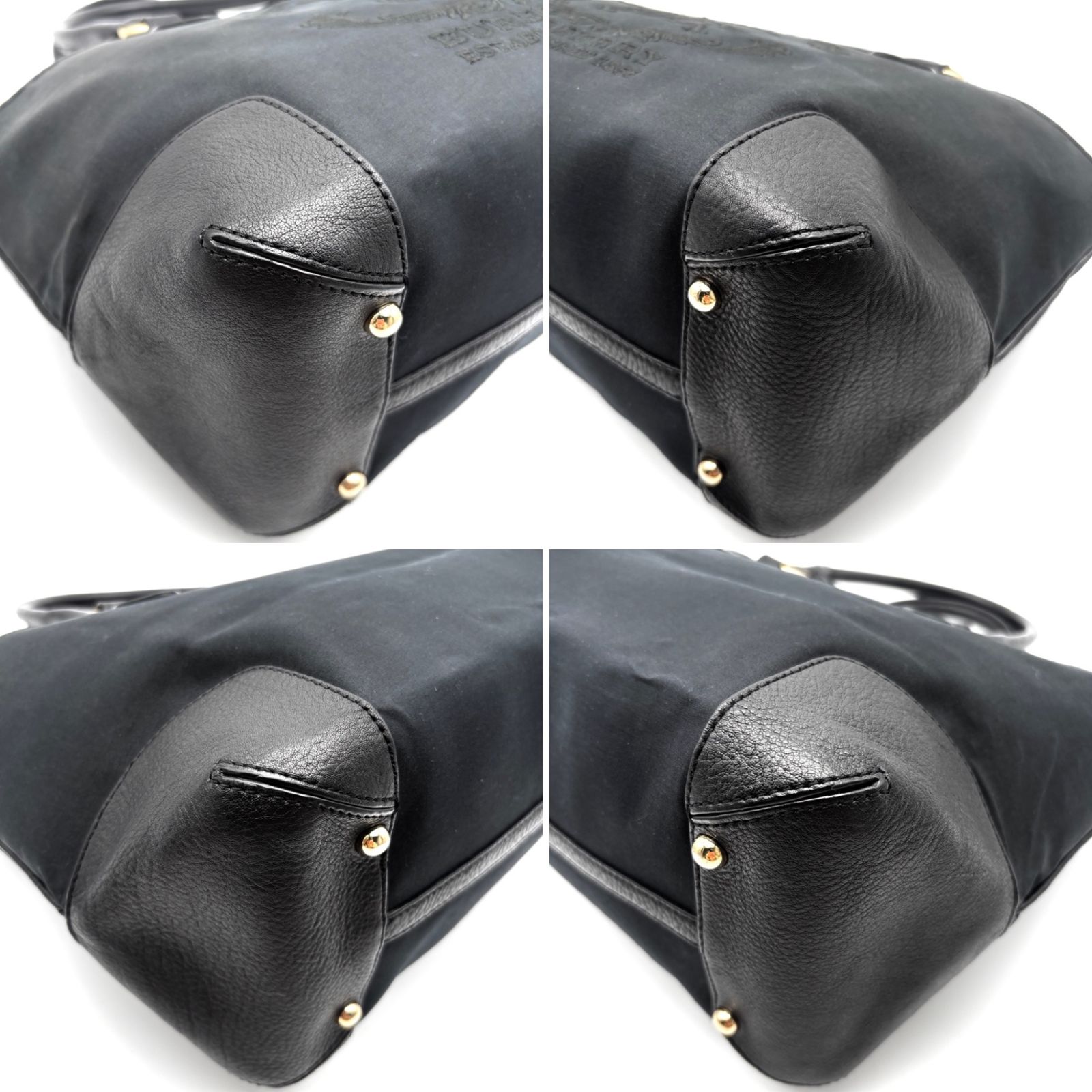 BURBERRY レザーハンドル ナイロントートバッグ ホースロゴ刺繍 ブラック BURBERRY レザーハンドル ナイロントートバッグ ホースロゴ刺繍