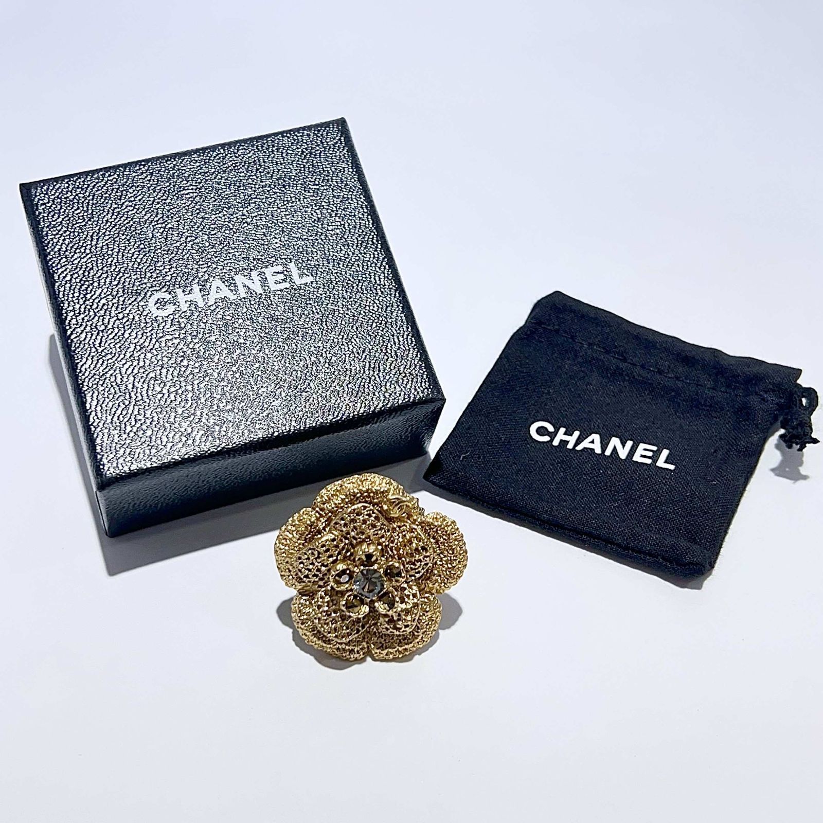 CHANEL ココマーク ラインストーン カメリア フラワーモチーフ リング