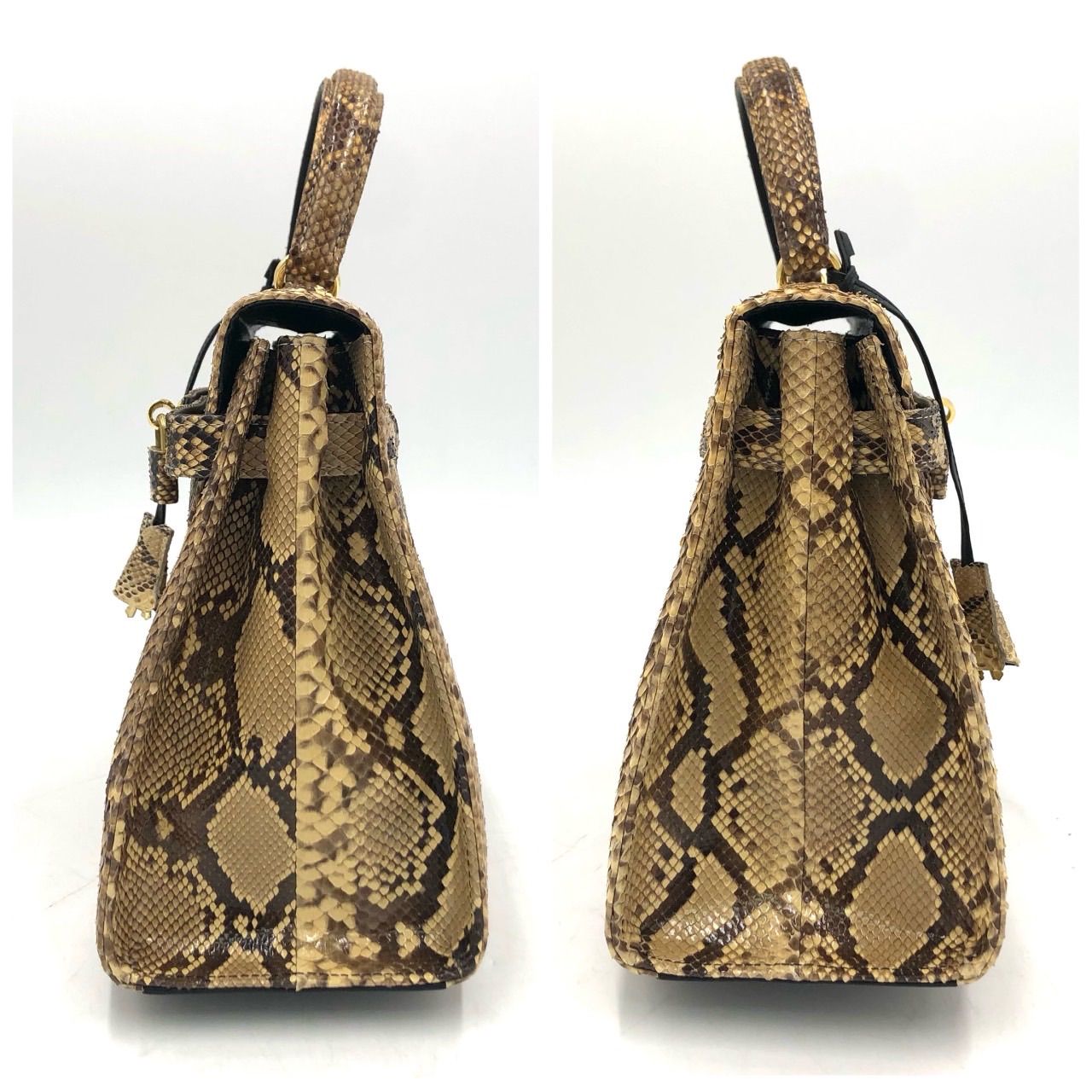 蛇革　パイソン　ケリー　バッグ　　カデナ　錠付き　美品 パイソン 本革 ハンドバッグ カデナ 鍵付 蛇革 ヘビ エキゾチック