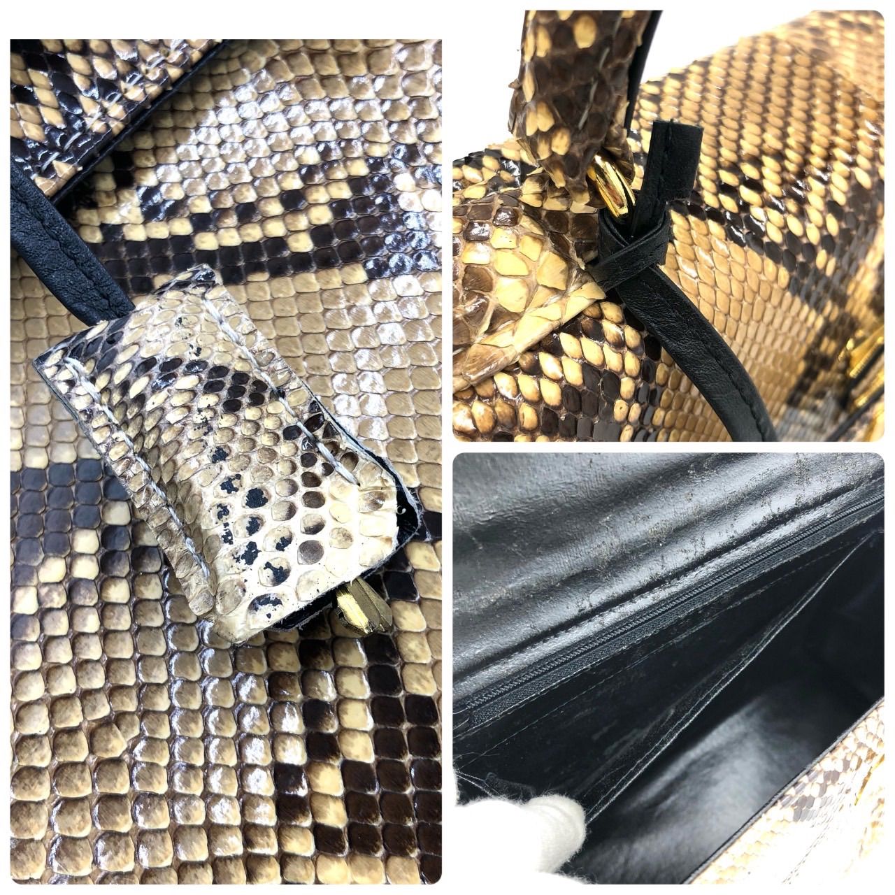 パイソン 本革 ハンドバッグ カデナ 鍵付 蛇革 ヘビ エキゾチック