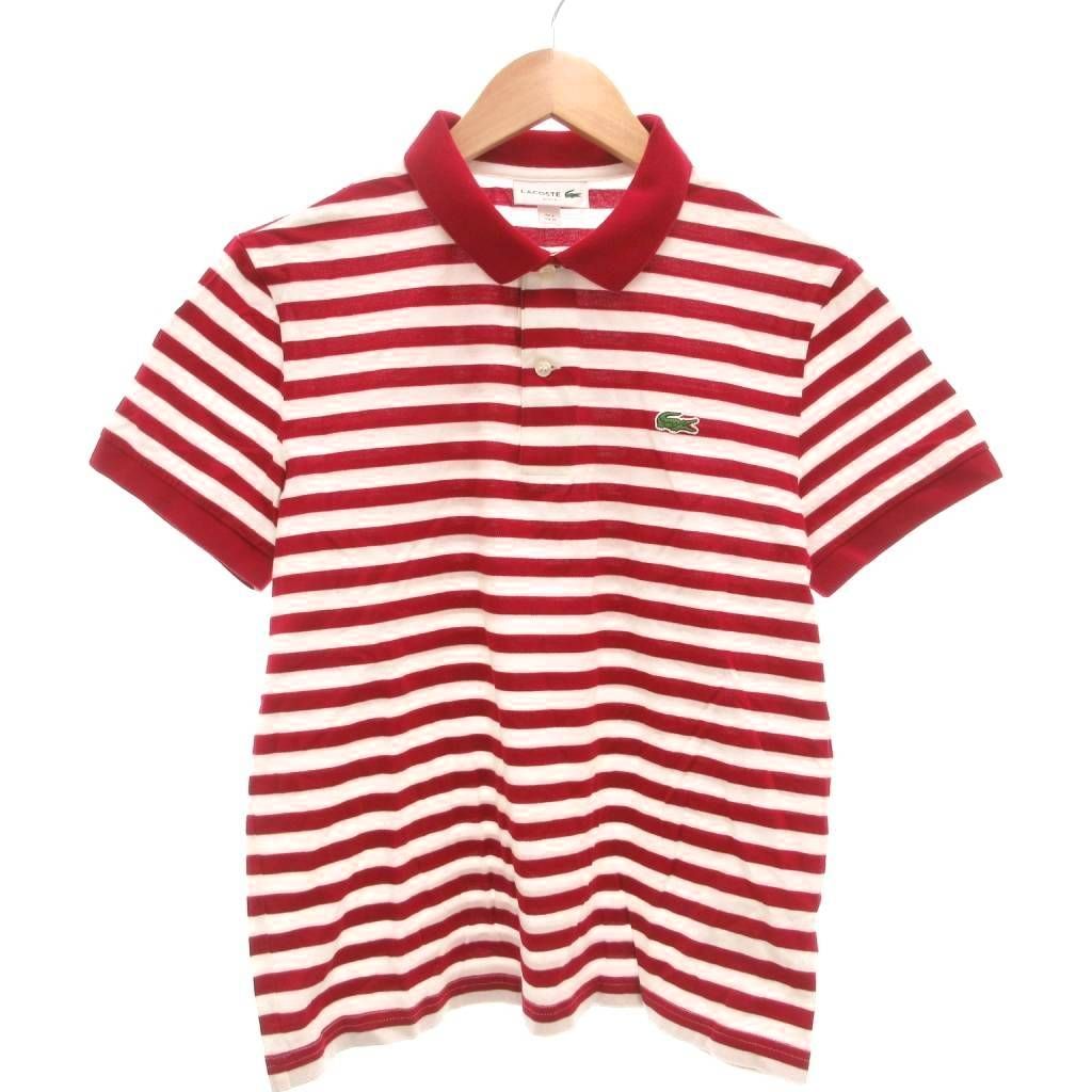 ラコステ LACOSTE 美品 ポロシャツ ボーダー 半袖 M 白 ホワイト 赤