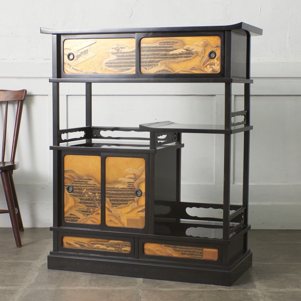 輪島塗 蒔絵 陽斉 銘 漆芸 飾り棚 茶棚 漆黒 漆塗り 蒔絵 違い棚 収納