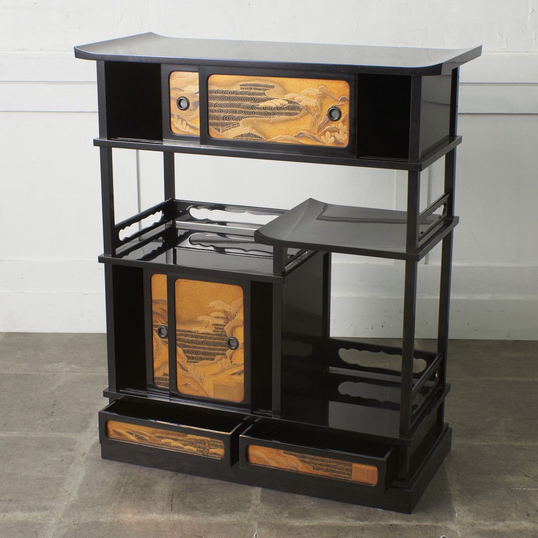 輪島塗 蒔絵 陽斉 銘 漆芸 飾り棚 茶棚 漆黒 漆塗り 蒔絵 違い棚 収納