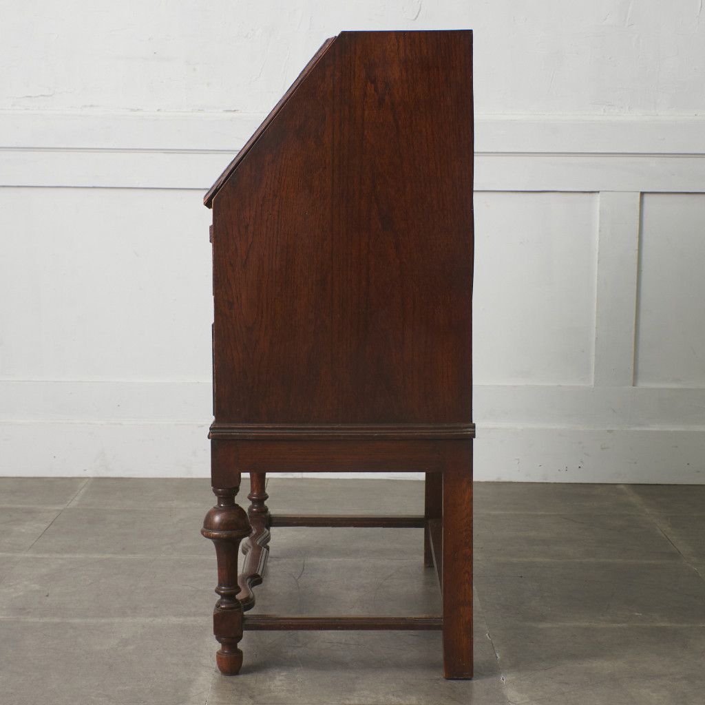 英国 アンティーク ライティング ビューロー 木彫刻 オーク 無垢材