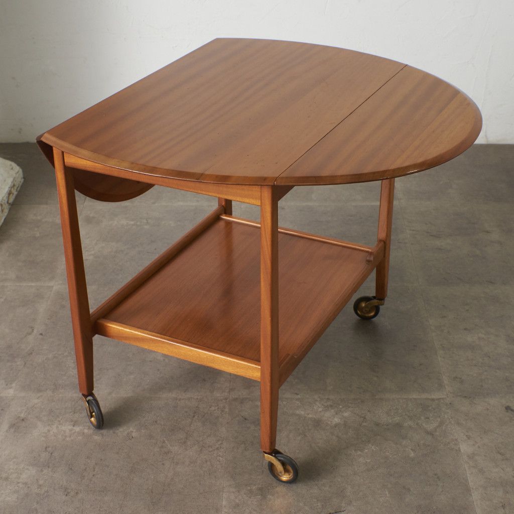 英国アンティーク木製ドロップリーフトロリーテーブル/収納式ワゴン机