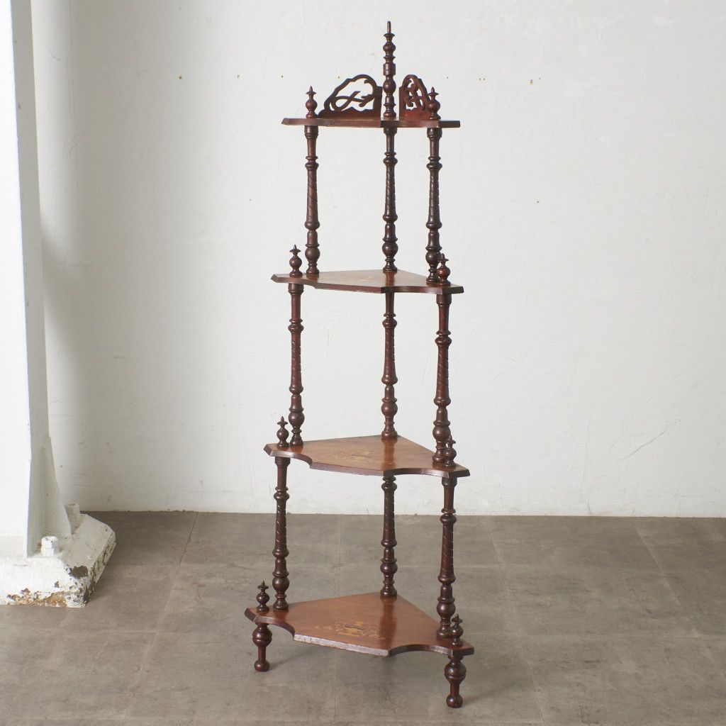 英国 アンティーク コーナー オープンシェルフ 木彫刻 マホガニー