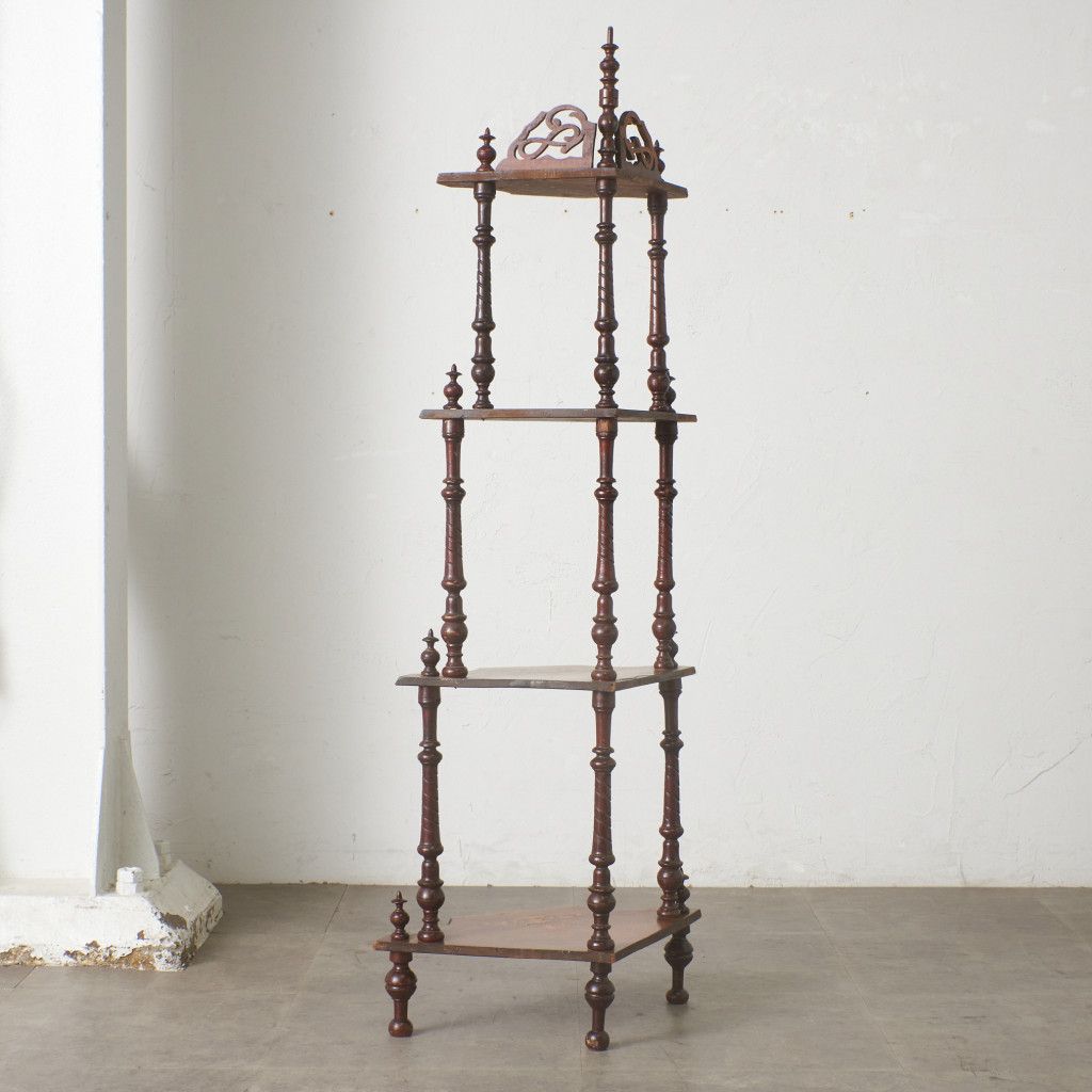 英国 アンティーク コーナー オープンシェルフ 木彫刻 マホガニー