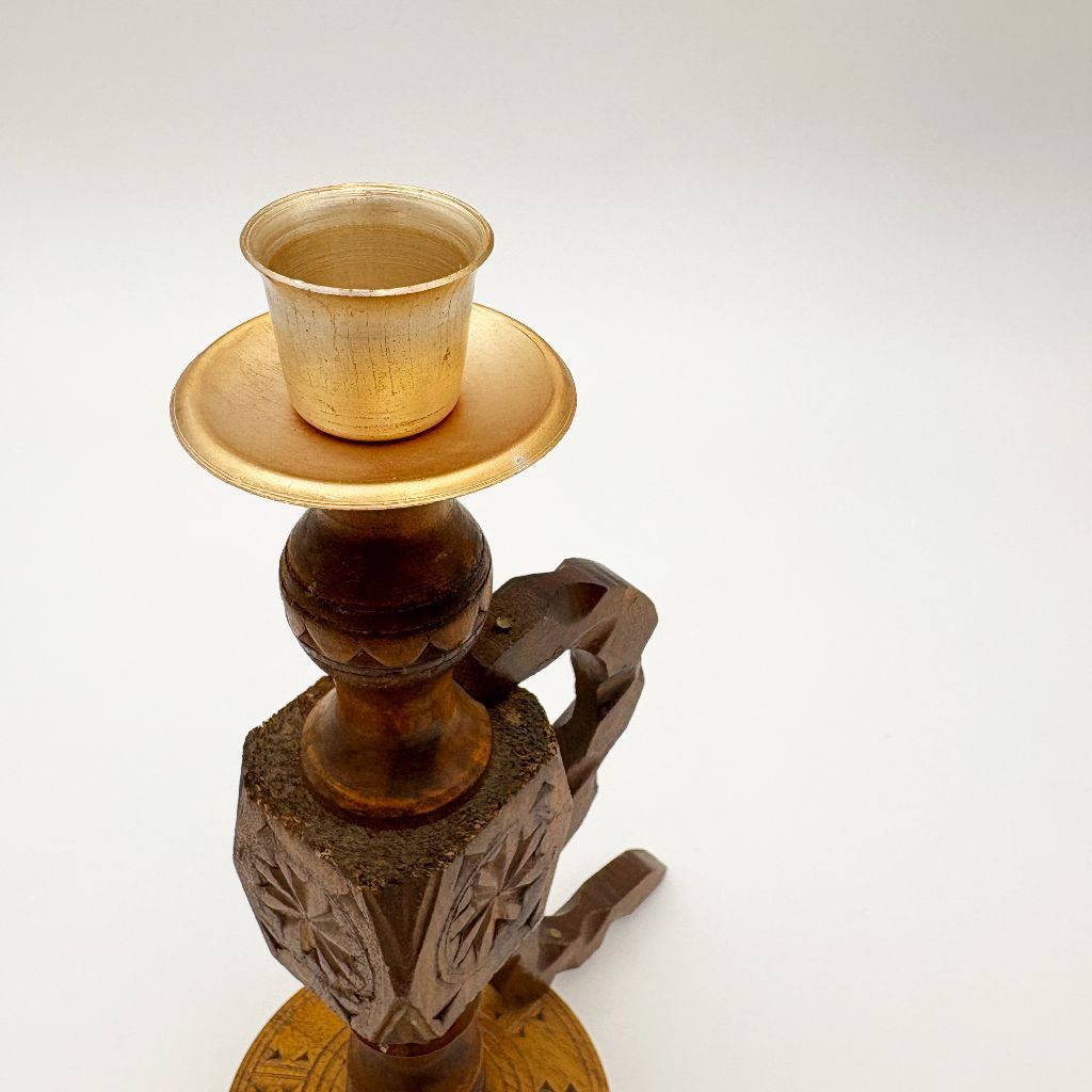 英国 ヴィンテージ 木製 キャンドルスタンド 彫刻 真鍮 燭台 蝋燭立て