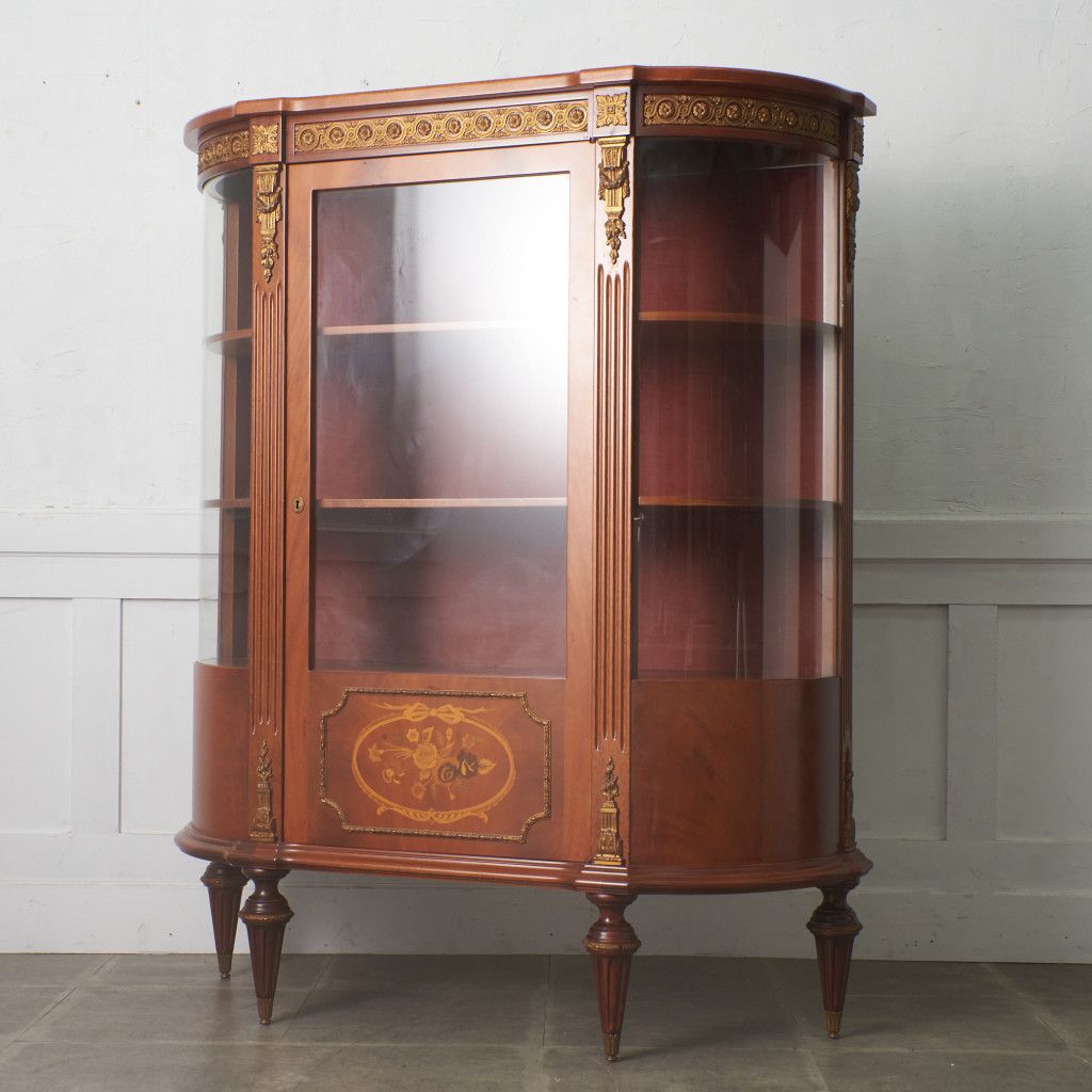 鍵付 クラシック ガラス キャビネット 木象嵌 装飾 マホガニー