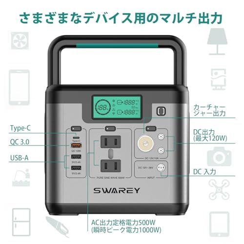 迅速に発送 ポータブル電源 518.4 Wh 長寿命 定格出力500 W 瞬間最大1000 弦波 AC 100 V 50 Hz|60 Hz |DC|USB出力 スマホ タブレット充電用 モバイル 3つの充電方法 MPPT 15-36 V|5 A 最 bab 6 b 83 d