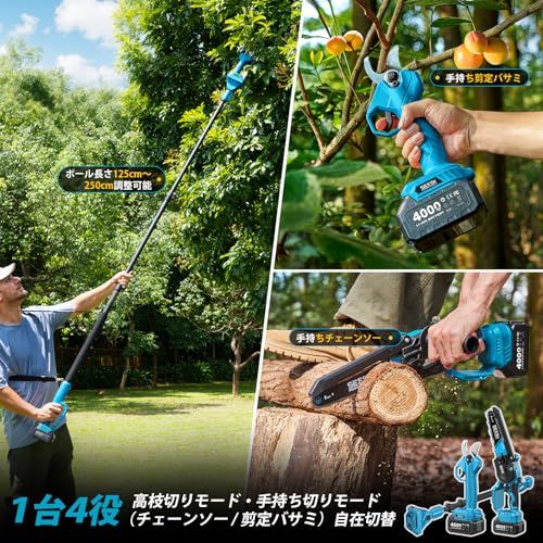 迅速に発送 新型 SEESII たかえだ 電動チェーンソー 電動バサミ 8インチブラシレス高枝チェーンソー 充電式剪定ばさみ 1台4役 4.0 Ah大容量バッテリー 強力 電動のこぎり 軽量 コードレス オイル注ぎ機能 延長ポ 51 b 2497 c