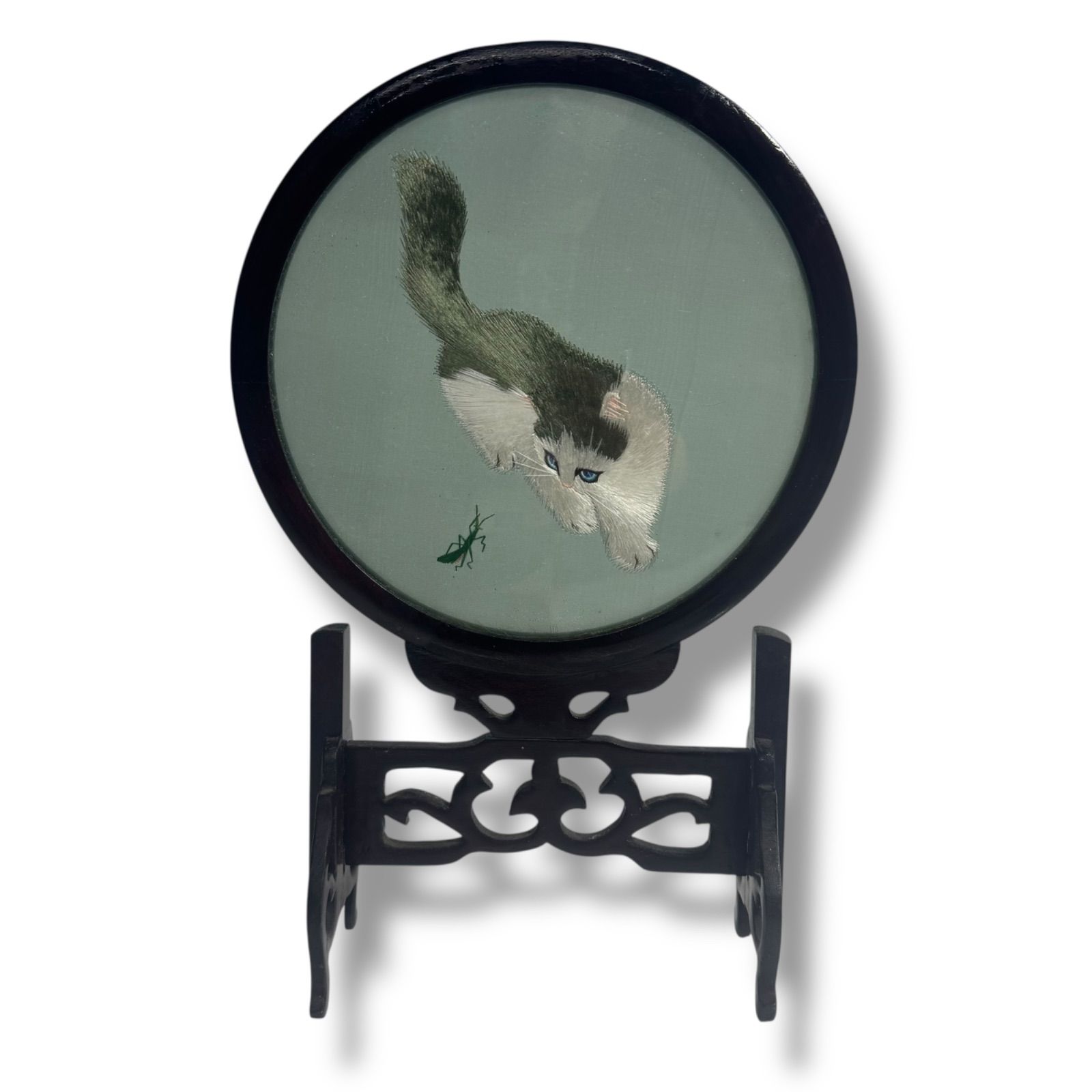 美品・縁起物】中国美術 両面刺繍 猫 額装蘇州刺繍 工芸品 伝統 ねこ