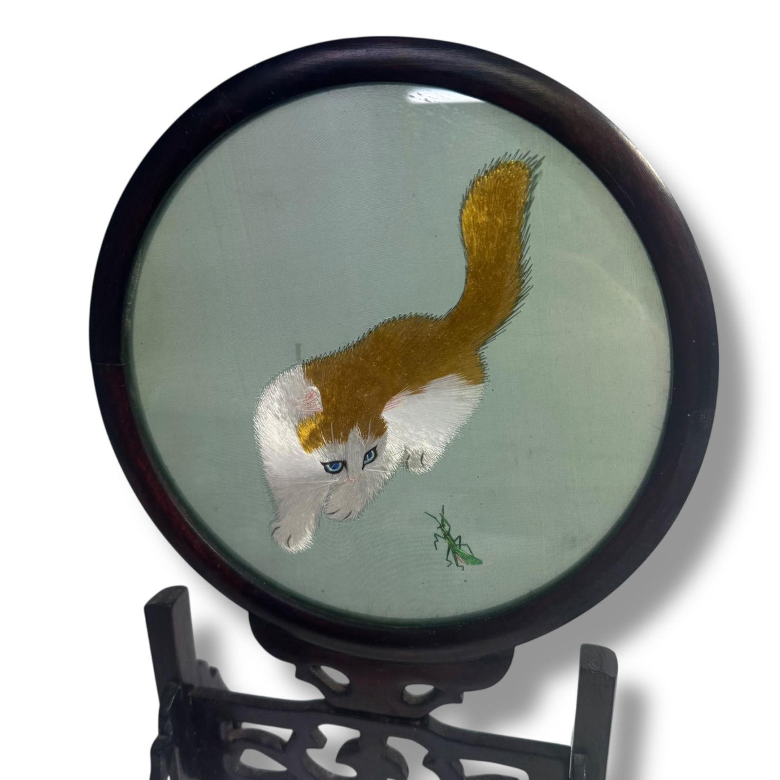 美品・縁起物】中国美術 両面刺繍 猫 額装蘇州刺繍 工芸品 伝統 ねこ