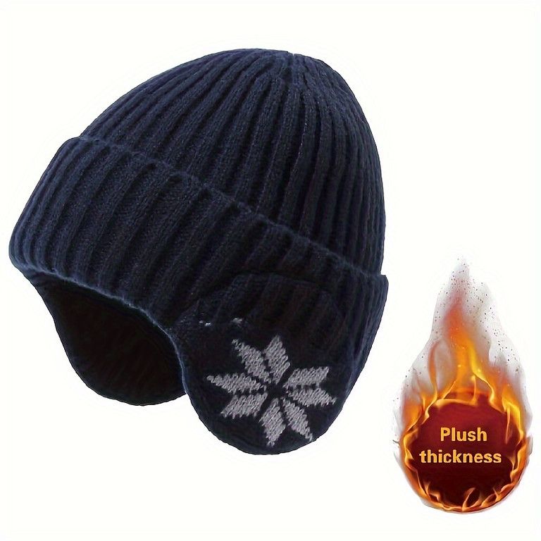 ニット耳当て帽子【雪の結晶デザイン＆厚手パッド】防寒 暖かい 男女