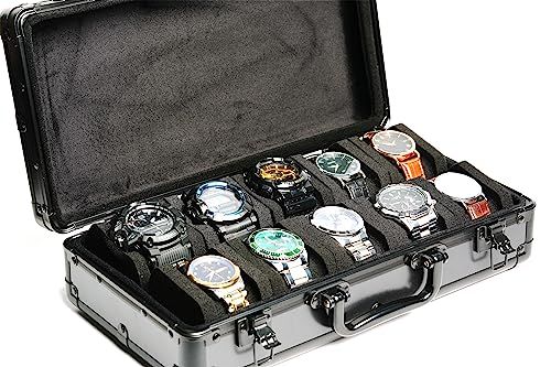 10スロットアルミニウム時計ケース ハードデラックス腕時計収納オーガナイザーボックス ソフトフォームパッド付き 最大55 mmのフェイスまでぴったりフィットします c 77823 8
