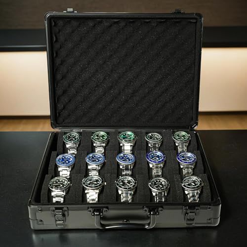 15スロット 腕時計オーガナイザーケース アルミニウム製 腕時計収納ボックス ハードウォッチトラベルボックス パッド付きケース 腕時計のディスプレイと整理に eae 39042