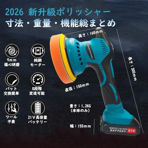  迅速に発送 2026アップグレード 電動ポリッシャー 車 ポリッシャー 8段変速 2800-6000 RPM 21 V mAh 最大150 mm対応 コードレス 充電式 研磨機 ワックス 鏡面磨き 傷消し ダブルアクション 車両メン 3 d 814719 その他 キッチン 食器