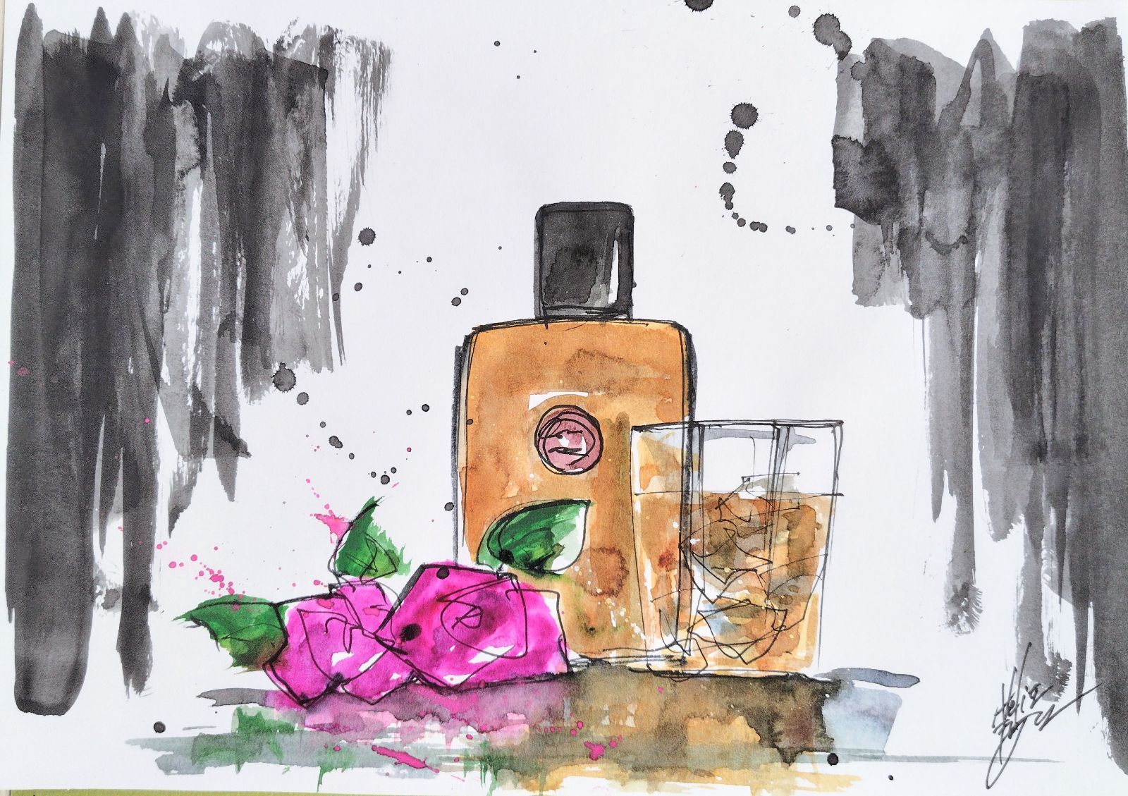 原画#286 ウィスキー 薔薇 花 水彩画 ドローイング インテリア アート