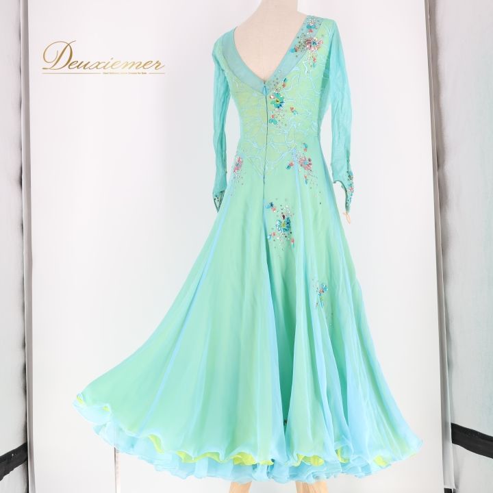 【美品 社交ダンス衣装】ワンピース ドレス A vivare Mサイズ 青緑 緑 社交ダンス 衣装 スタンダードドレス ワンピース ドレス SORELI ソレリ
