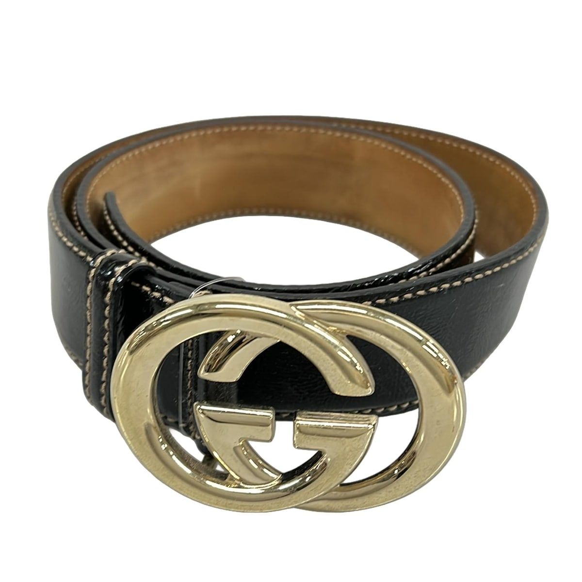 GUCCI(グッチ) ベルト 85.34 インターロッキングG 162922 黒×ゴールド