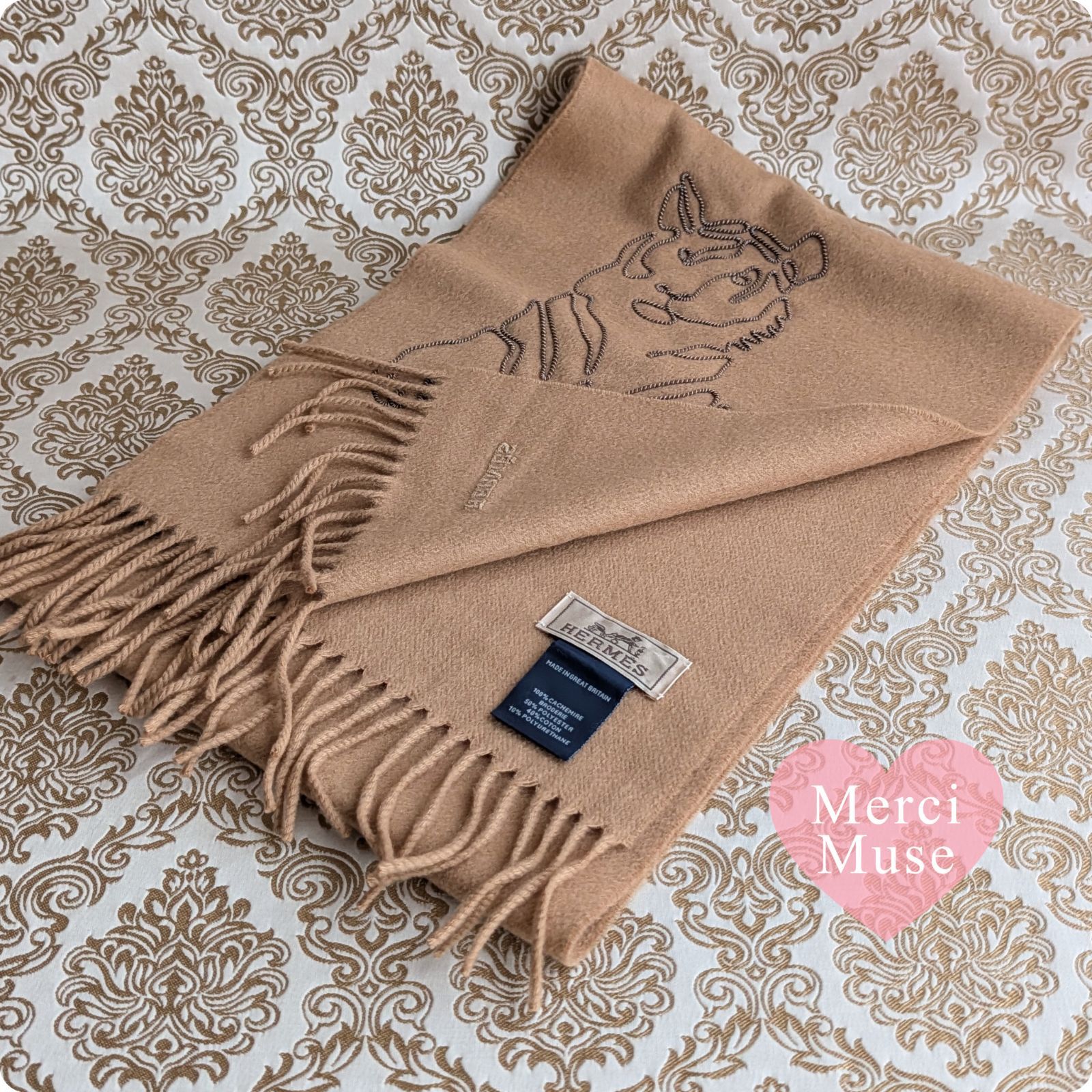 ❤お得なお品❤クリーニング済み カシミヤマフラー ベージュ エルメス ❤お得なお品❤クリーニング済 王者の虎 刺繍 カシミヤマフラー