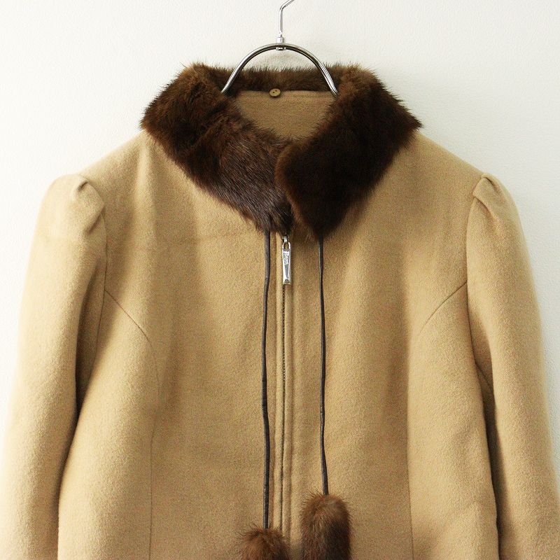美品✨モラビト 女優襟 ウールアンゴラ ファーコート ベージュ ブラウン INED（イネド） ステンカラーコート ファー襟脱着可 裏地付き 無地