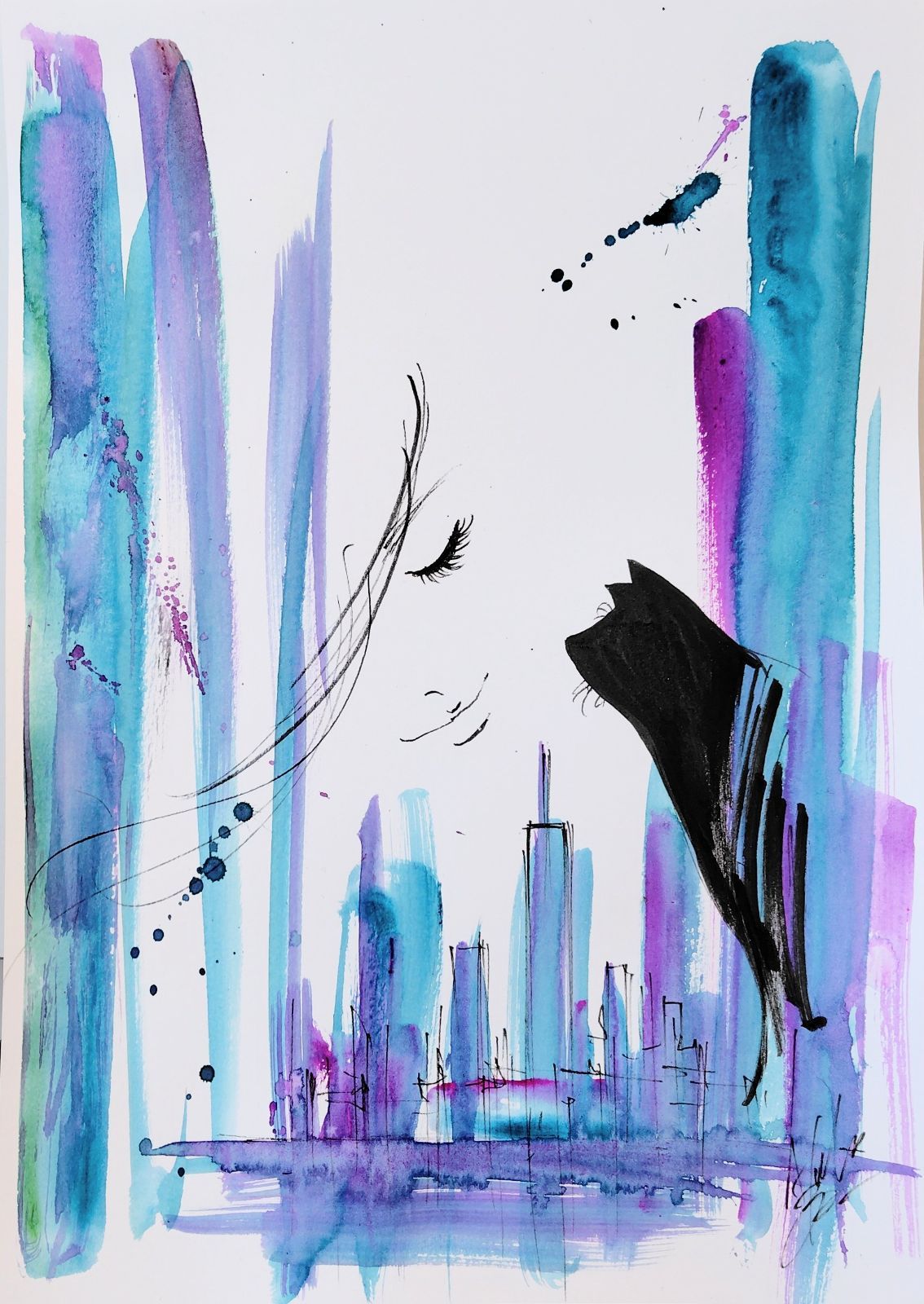 原画#288 黒猫 女性画 ニューヨーク 水彩画 ドローイング インテリア