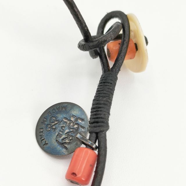 HENRY CUIR 革 レザー ビーズ シェル ネックレス ブラック レディース