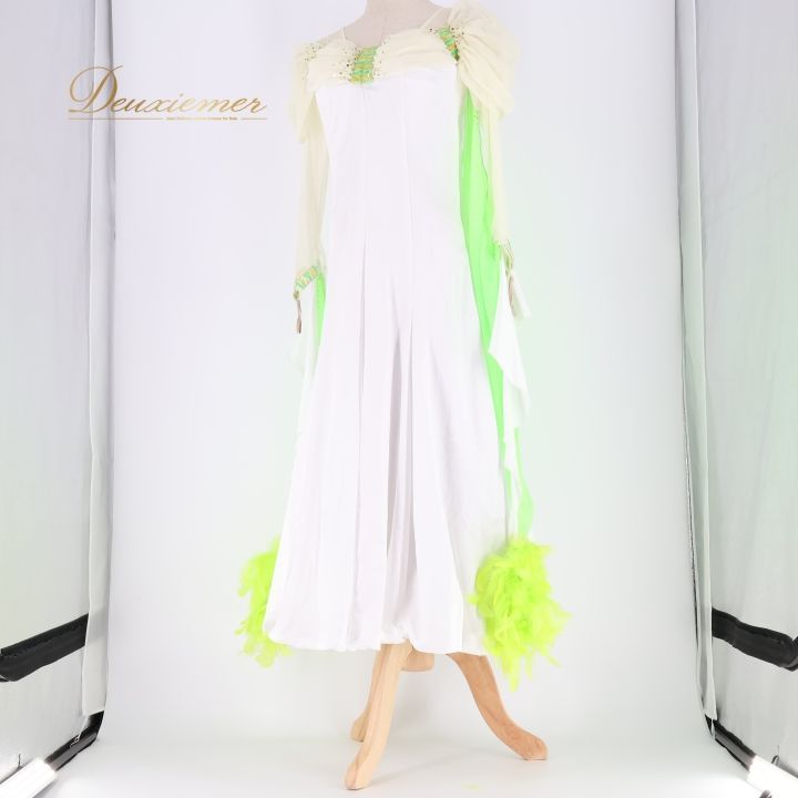 社交ダンス 衣装 スタンダードドレス ドレス ワンピース 白 黄緑