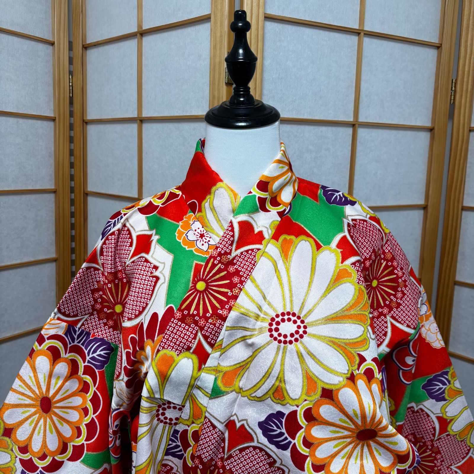 着物 身丈164cm ポリエステル 赤 緑 カラフル 黄色 オレンジ 小紋 花柄