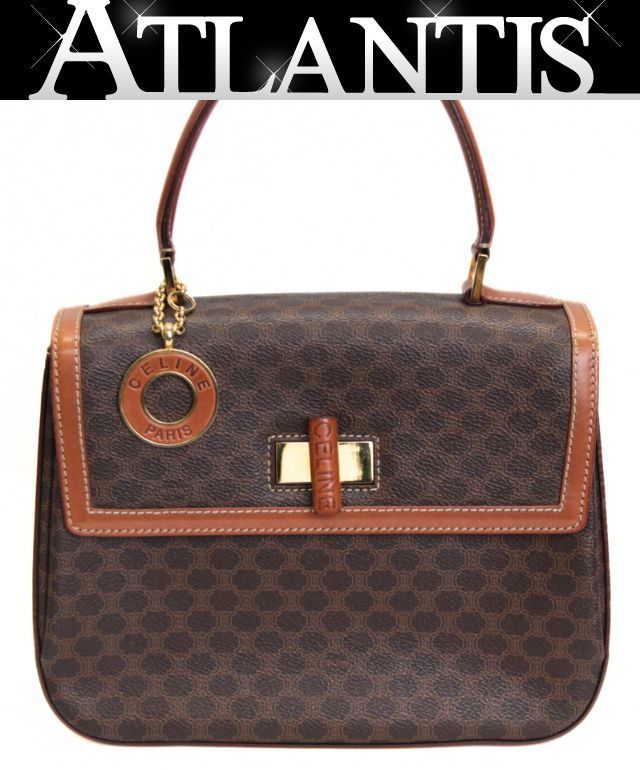 【美品】セリーヌ マカダムターンロックハンドバッグ ブラウン系 PVC2レザー セリーヌ CELINE マカダム ターンロック 2WAYバッグ PVC×レザー