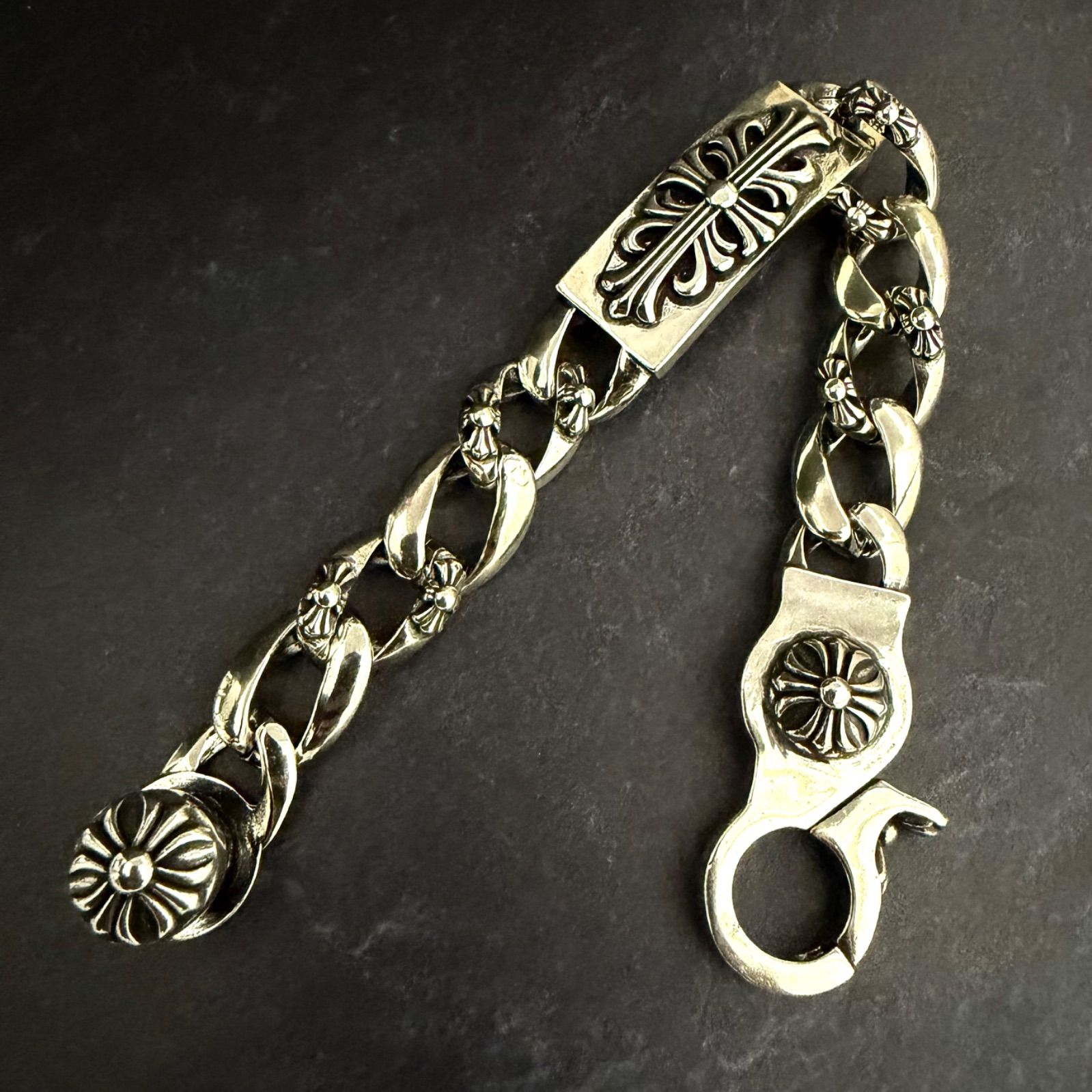 超重厚88g】フローラルクロス IDブレスレット クリップ 21cm 刻印有