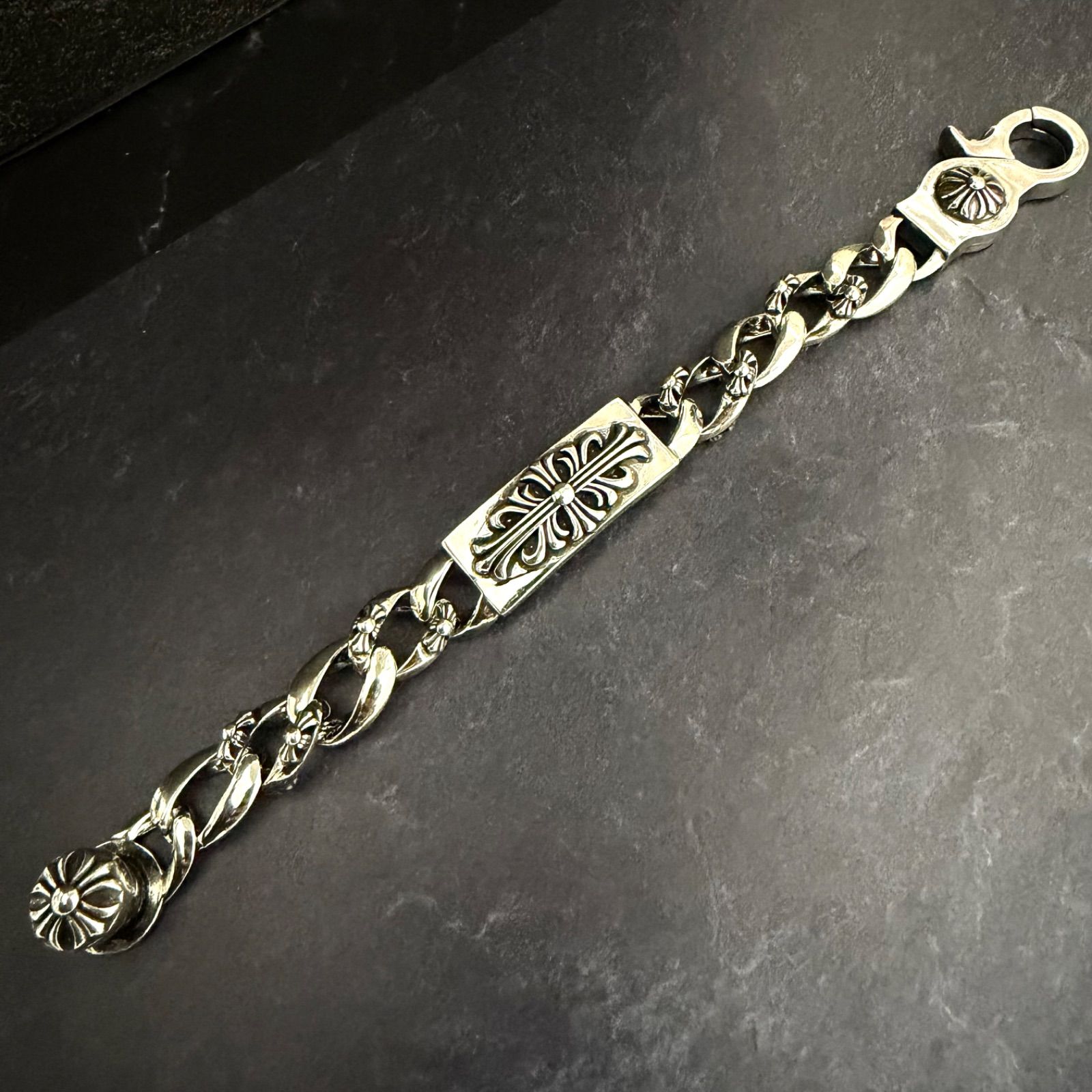 超重厚88g】フローラルクロス IDブレスレット クリップ 21cm 刻印有