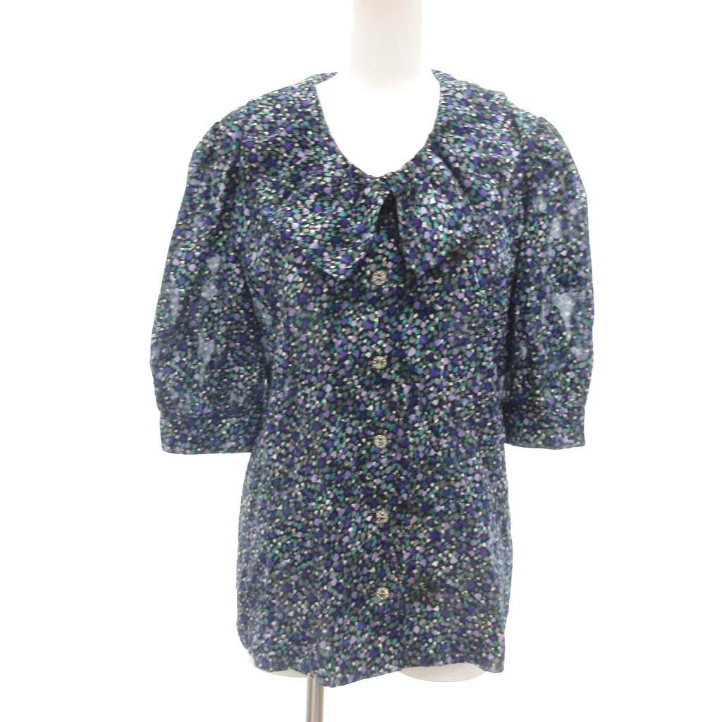 レリアン Leilian シャツ ブラウス 半袖 9 総柄 ネイビー グリーン