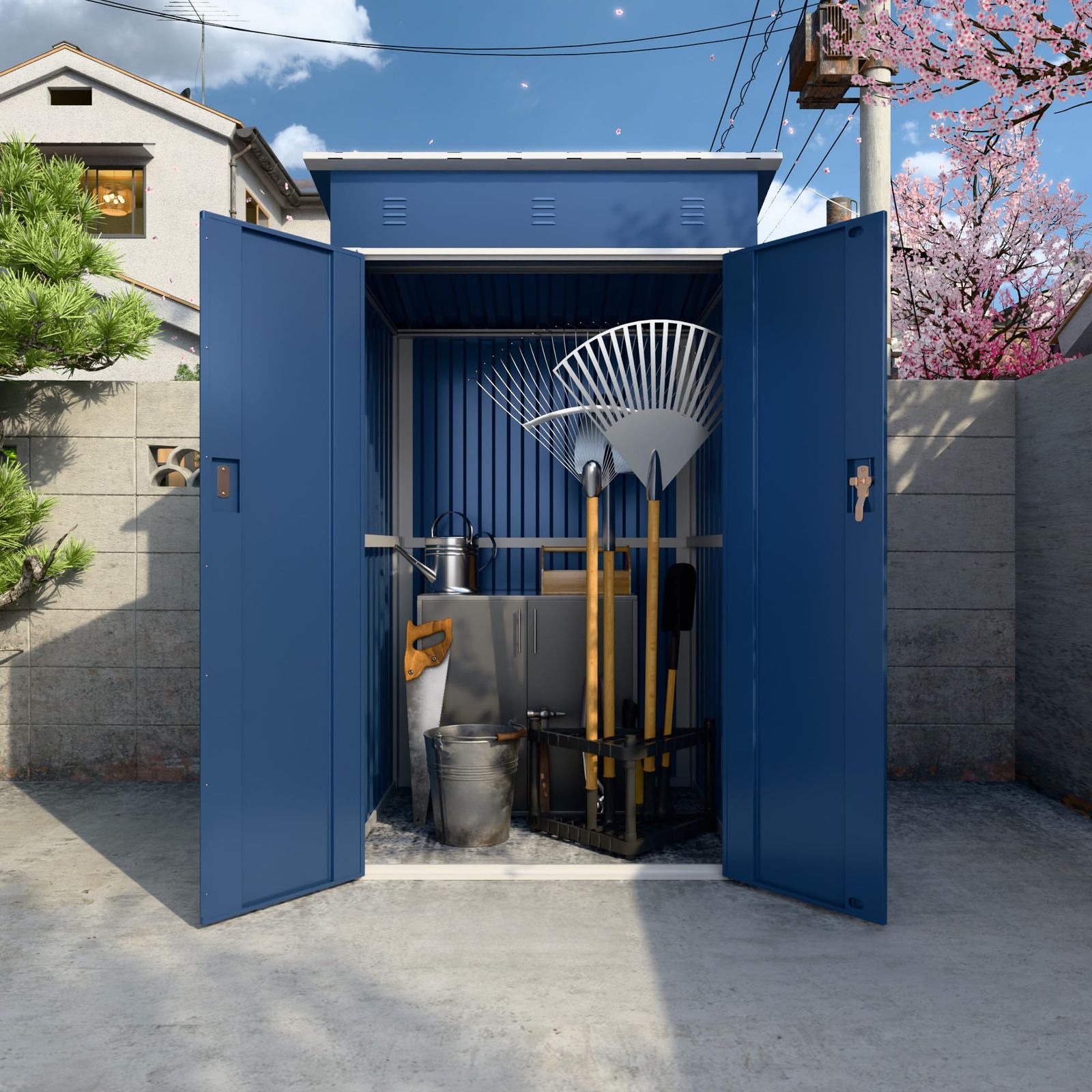 GangMei物置 室外収納庫 屋外倉庫 倉庫おしゃれ 庭収納 幅120×奥行き122×高185 cm 耐水|耐侯|防UV 合金ドアノブ付き 換気付き 鍵付き ガーデン|庭|田畑|農場用 大容量 ブルー