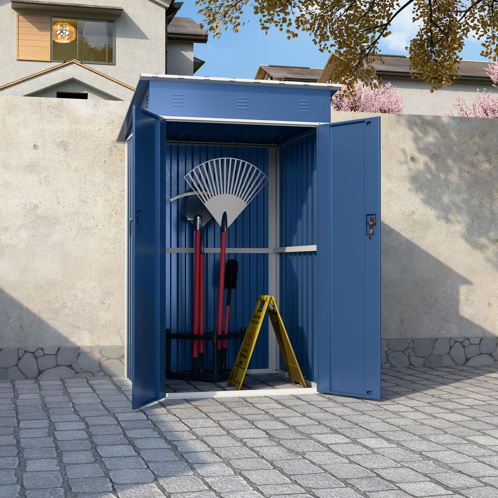  GangMei物置 室外収納庫 屋外倉庫 倉庫おしゃれ 庭収納 幅120×奥行き122×高185 cm 耐水|耐侯|防UV 合金ドアノブ付き 換気付き 鍵付き ガーデン|庭|田畑|農場用 大容量 ブルー その他 文房具 事務用品