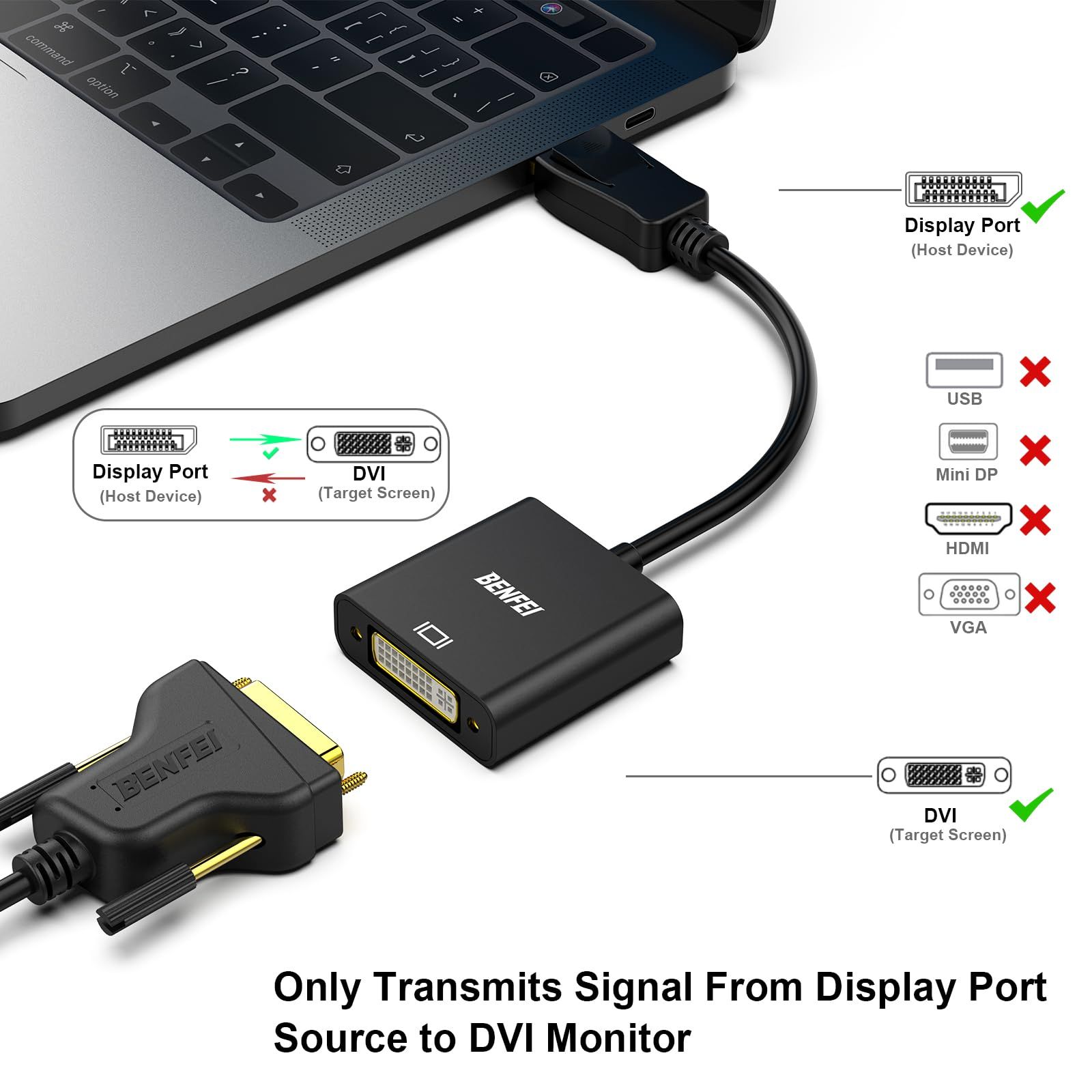 BENFEI DisplayPort - DVI シングルリンクアダプター ディスプレイポート 変換コネクタ オス メス 逆方向に非対応 Lenovo Dell HP およびその他のブランドに対応