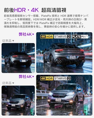  4 Kドライブレコーダー 前後カメラ 超強暗視 ナンバーくっきり録画 WiFi スマホ連携 3インチ液晶 小型 ドラレコ IMX 678搭載 HDR補正 170°広角 GPS＆Gセンサー搭載 24時間駐車監 949 d 7896 その他 キッチン 食器