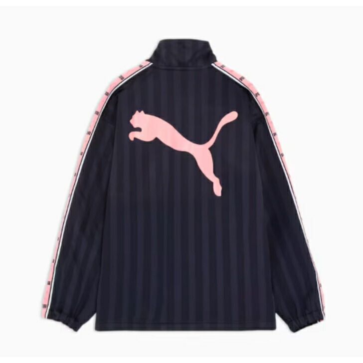 プーマ ニットジャケット メンズ PUMA トレーニング シャドウ ストライプ リラックスシルエット ポケット付き 立ち襟 セットアップ対応 527755 New Navy-Geranium Pink 527754-71 S