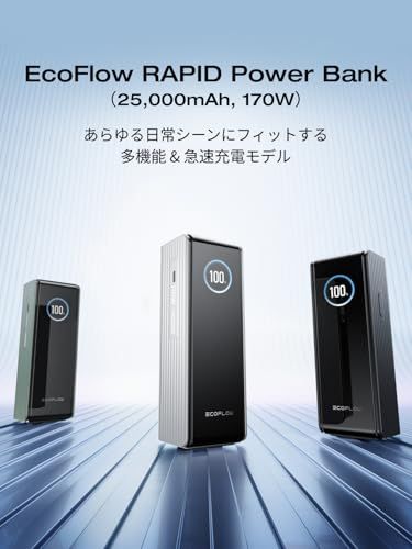 EcoFlow RAPID 25000 mAh 170 W 大容量|小型|急速充電|３台同時充電|TFTディスプレイ|長寿命|過熱保護|持ち運びやすい|機内持ち込み|出張|旅行 シルバー m aacba 1 f