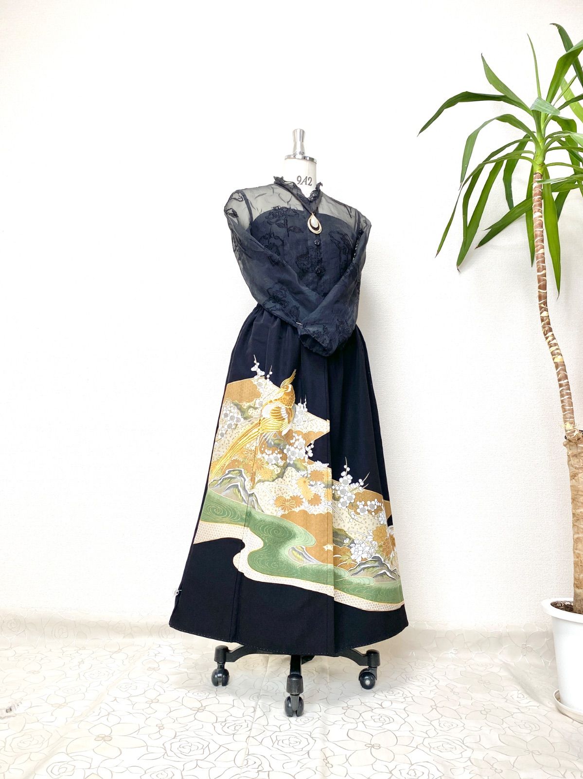 大人可愛いセレブ着物スカートフリーサイズ黒留袖着物リメイクウエスト