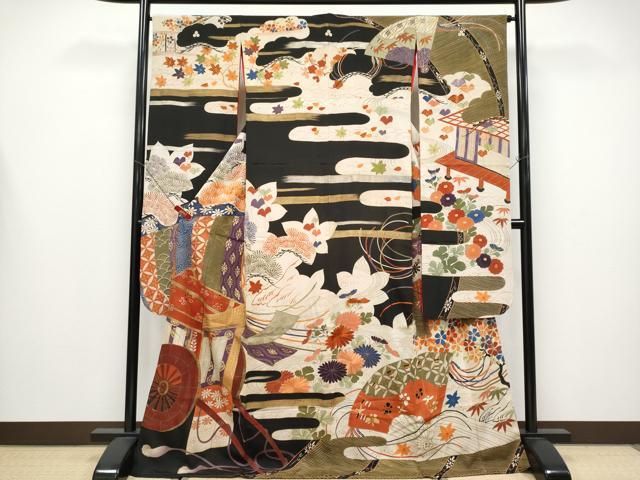 平和屋着物○極上 アンティーク 大正ロマン 振袖 駒刺繍 御所車枝花文