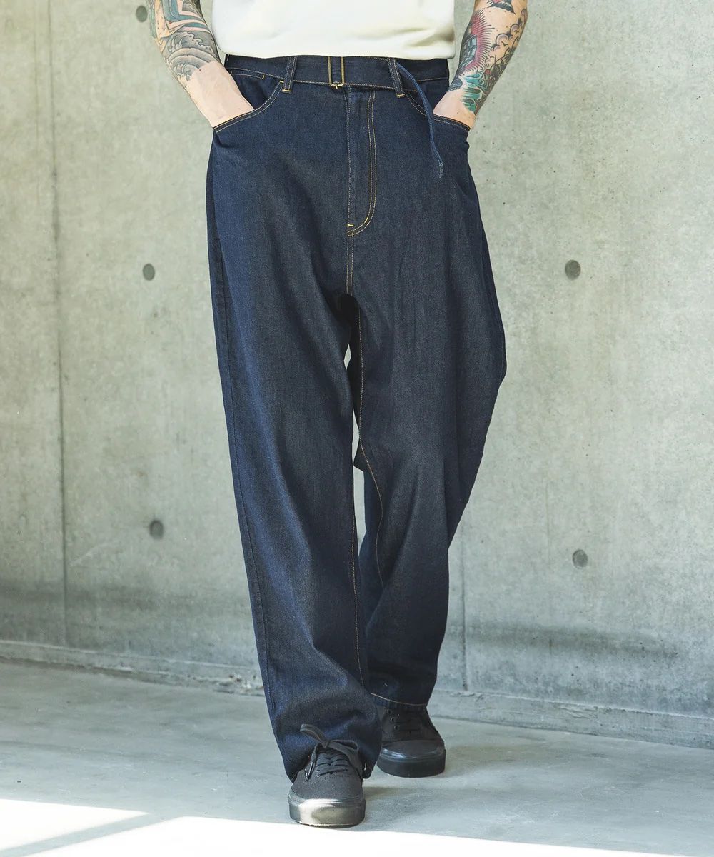 MR.OLIVE /RINSE WASH 8oz DENIM / BELTED RELAX TAPERED PANTS