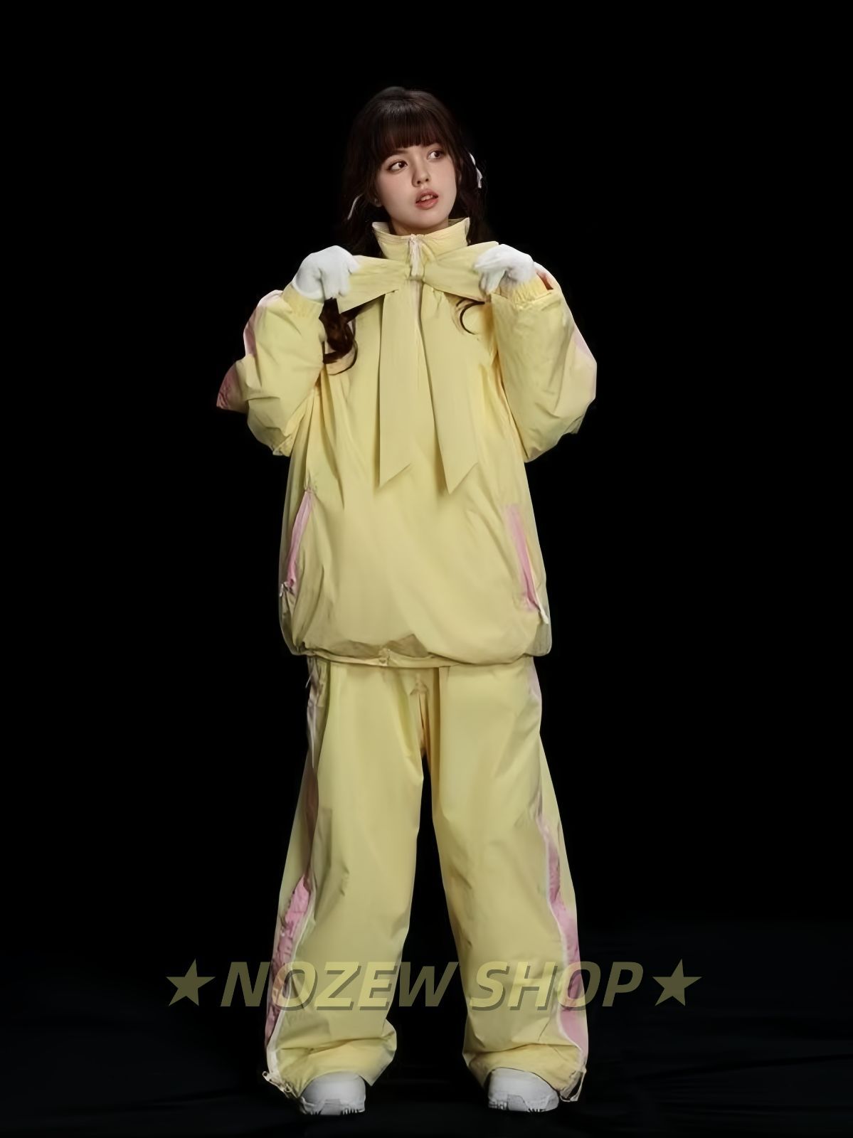 スキーウェア 上下セット 2点セット 裏起毛 リボン イエロー