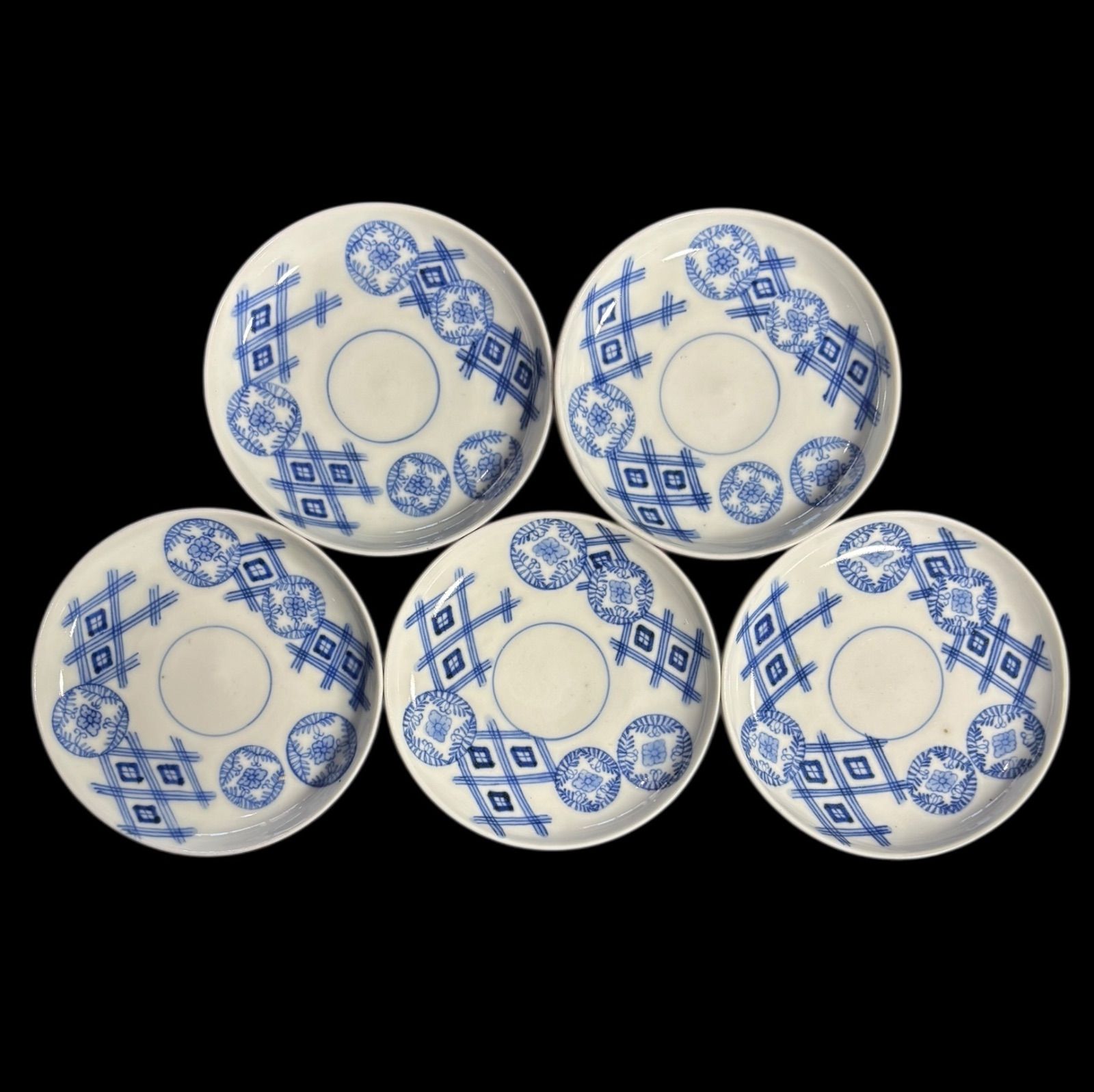染付 小皿 5枚 伊万里 平皿 丸皿 取り皿 豆皿 和骨董 古染付 5客セット】 古伊万里 染付 花菱文 市松文様 小皿 時代物 平皿 丸皿 豆